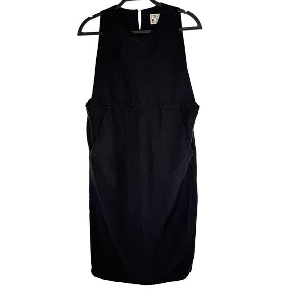 First Rite Women Linen Blend Black Apron Midi Dress Pockets Lightweight Pinafore - Picture 1 of 9
